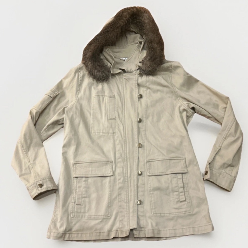 CAbi Vintage Faux Fur Trimmed Natural‎ Fabric Jacket Coat Women's Size Large EUC